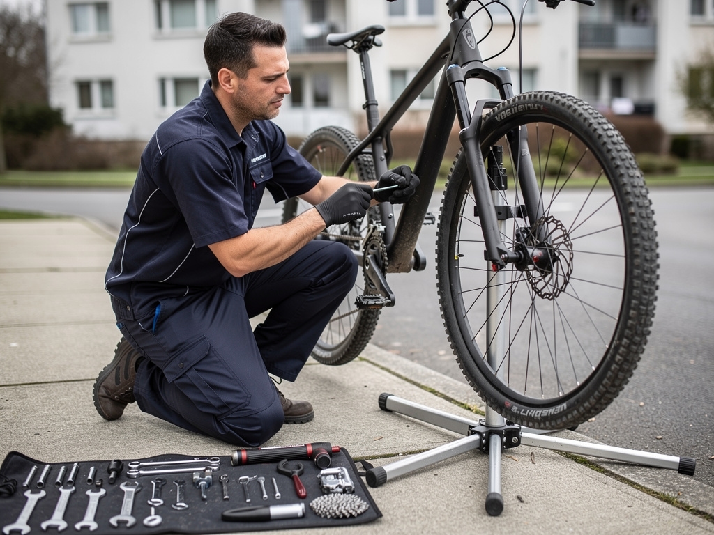Mechanik rowerowy wykonujący regulację przerzutki przy kliencie